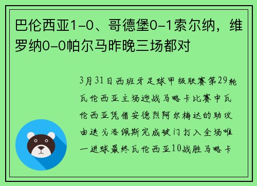 巴伦西亚1-0、哥德堡0-1索尔纳,维罗纳0-0帕尔马昨晚三场都对