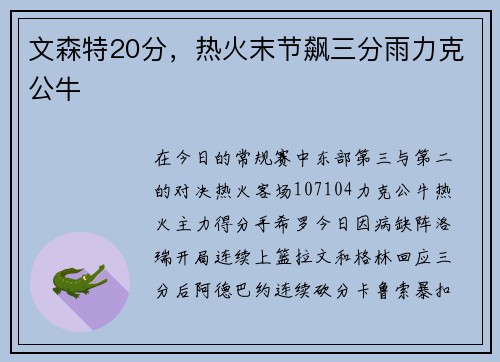 文森特20分，热火末节飙三分雨力克公牛